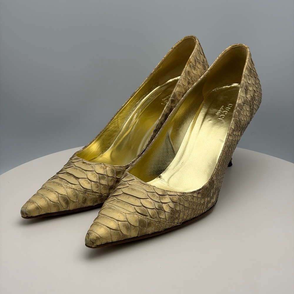 Vintage Gucci Metallic Gold Python Pumps - image 2